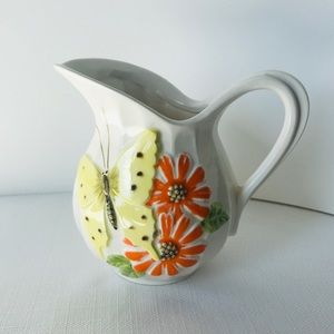 Vintage Small Pitcher Creamer Butterfly Floral Ceramic/Porcelain? Planter Pot